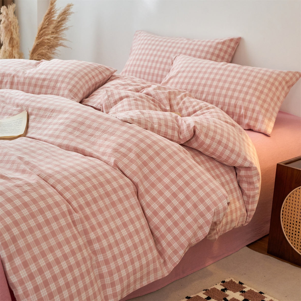 兰紫橙家纺 2026新款全棉纯棉水洗棉四件套方格朵拉 方格-奶油粉