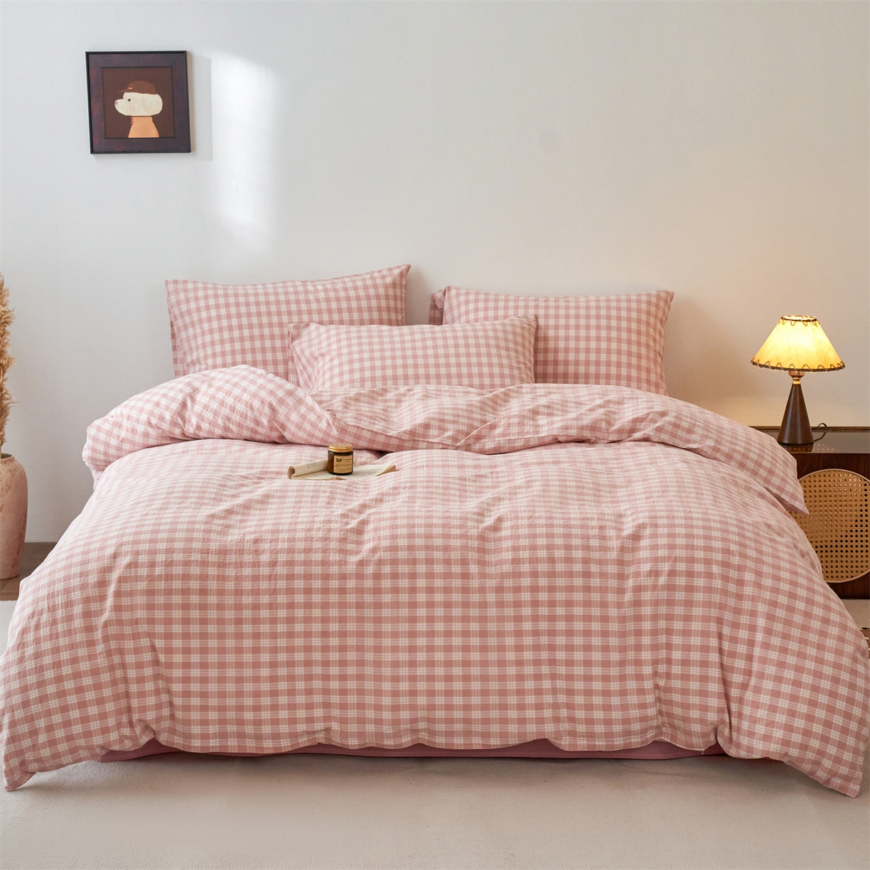 91家纺网 家纺一手货源 找家纺 兰紫橙家纺 2026新款全棉纯棉水洗棉四件套方格朵拉 方格-奶油粉