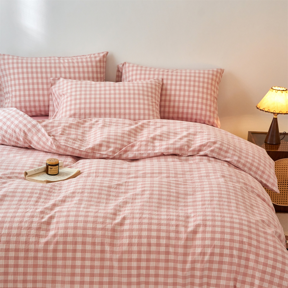 91家纺网 家纺一手货源 找家纺 兰紫橙家纺 2026新款全棉纯棉水洗棉四件套方格朵拉 方格-奶油粉