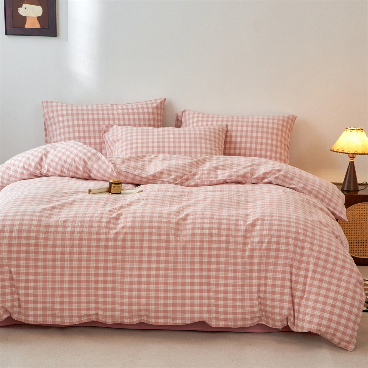 91家纺网 家纺一手货源 找家纺 兰紫橙家纺 2026新款全棉纯棉水洗棉四件套方格朵拉 方格-奶油粉