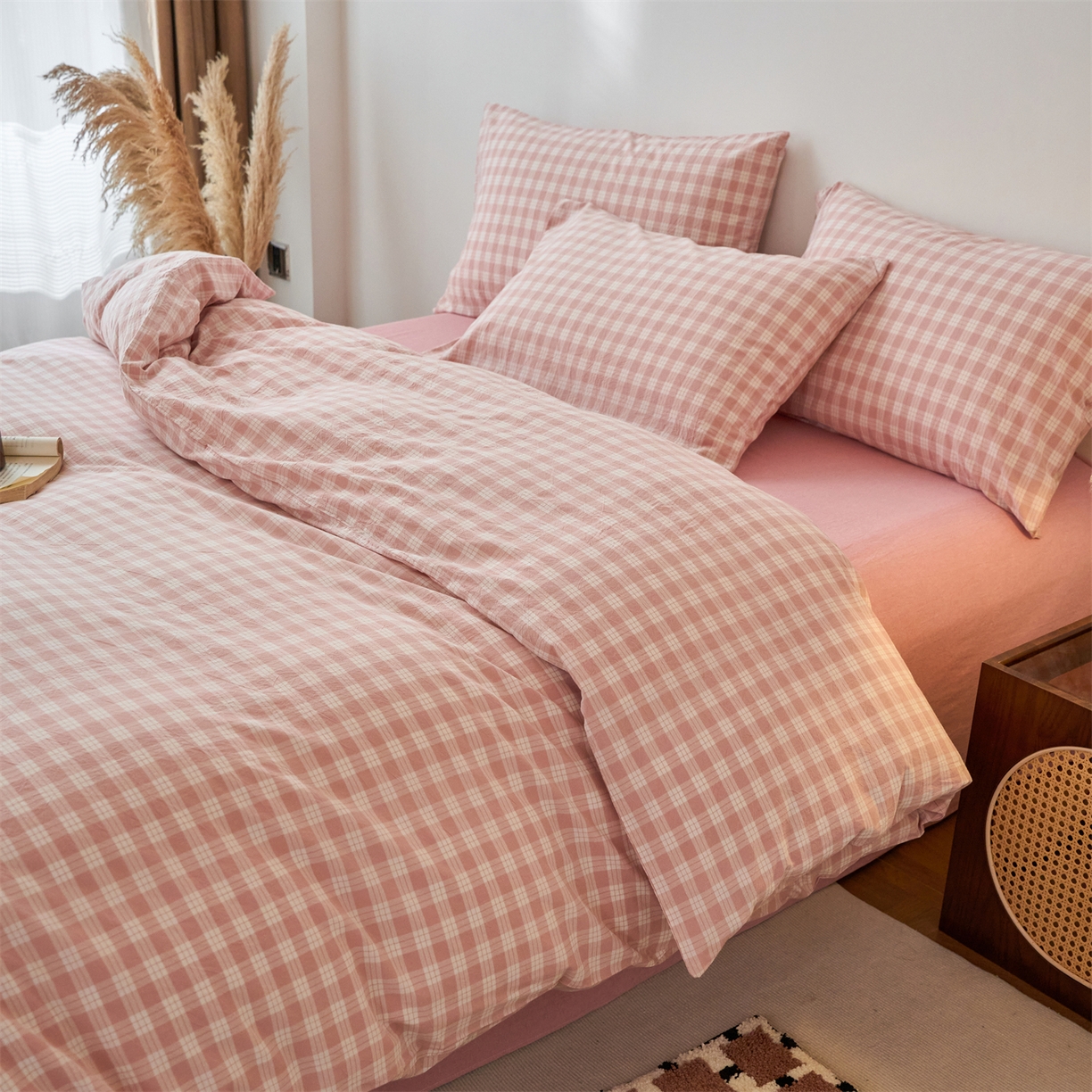 91家纺网 家纺一手货源 找家纺 兰紫橙家纺 2026新款全棉纯棉水洗棉四件套方格朵拉 方格-奶油粉