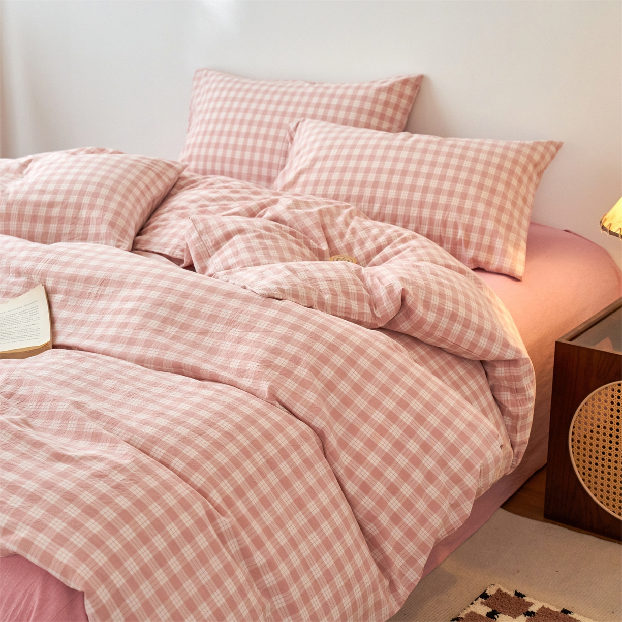 91家纺网 家纺一手货源 找家纺 兰紫橙家纺 2026新款全棉纯棉水洗棉四件套方格朵拉 方格-奶油粉