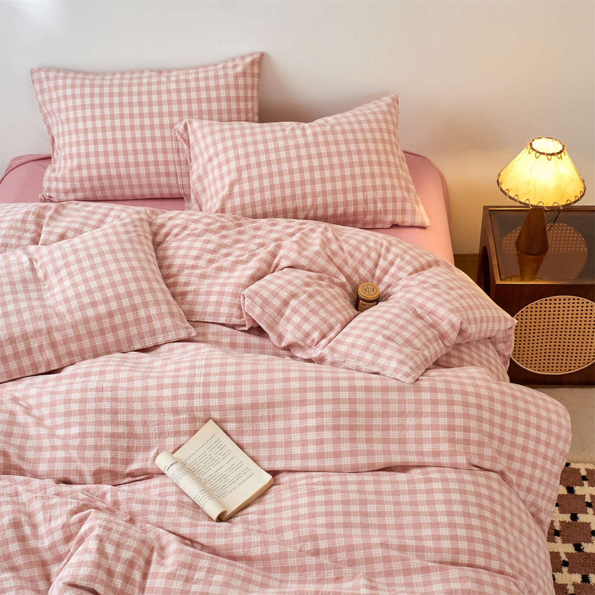 91家纺网 家纺一手货源 找家纺 兰紫橙家纺 2026新款全棉纯棉水洗棉四件套方格朵拉 方格-奶油粉