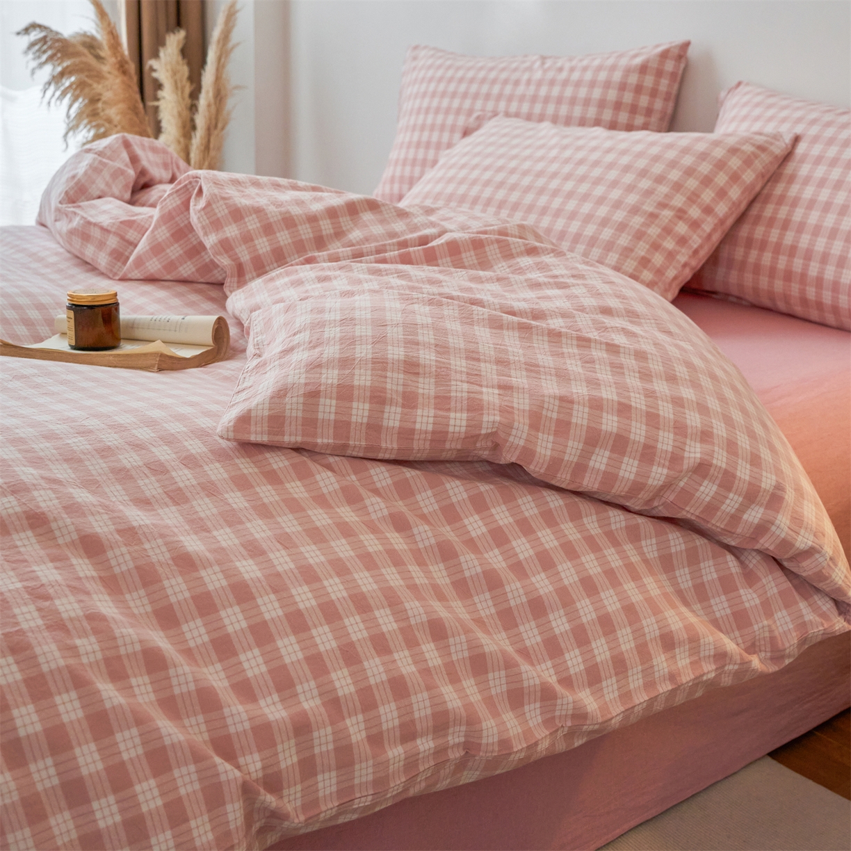 91家纺网 家纺一手货源 找家纺 兰紫橙家纺 2026新款全棉纯棉水洗棉四件套方格朵拉 方格-奶油粉