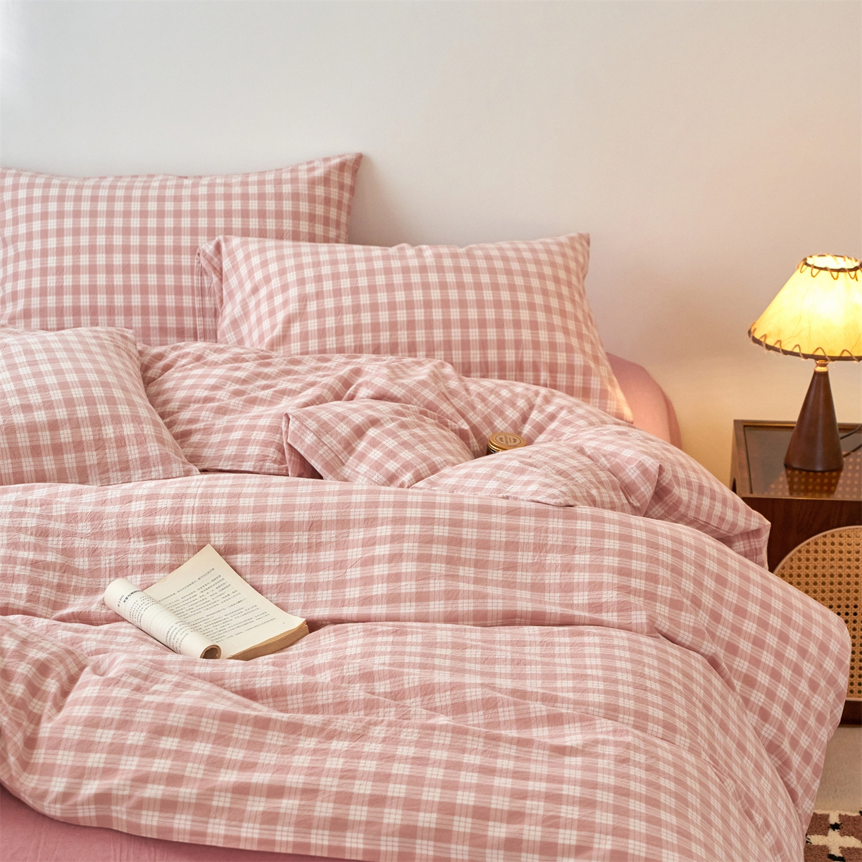 91家纺网 家纺一手货源 找家纺 兰紫橙家纺 2026新款全棉纯棉水洗棉四件套方格朵拉 方格-奶油粉