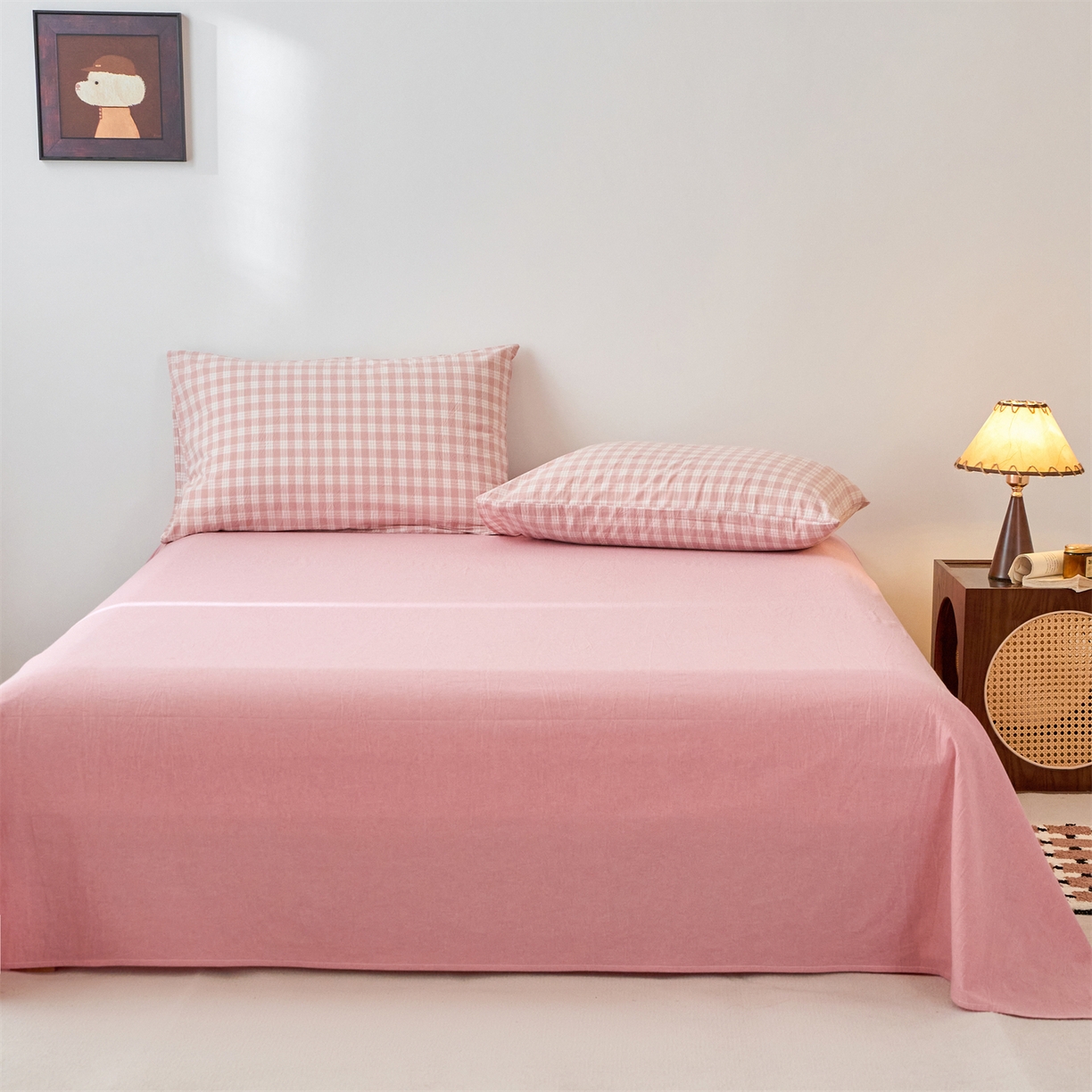 91家纺网 家纺一手货源 找家纺 兰紫橙家纺 2026新款全棉纯棉水洗棉四件套方格朵拉 方格-奶油粉