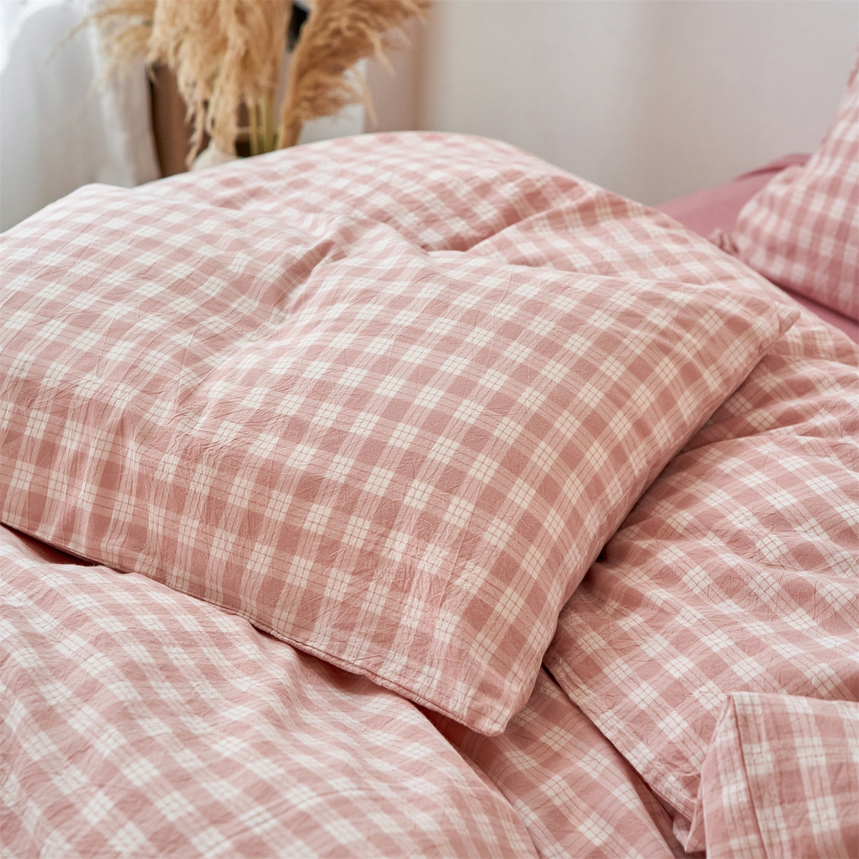 91家纺网 家纺一手货源 找家纺 兰紫橙家纺 2026新款全棉纯棉水洗棉四件套方格朵拉 方格-奶油粉