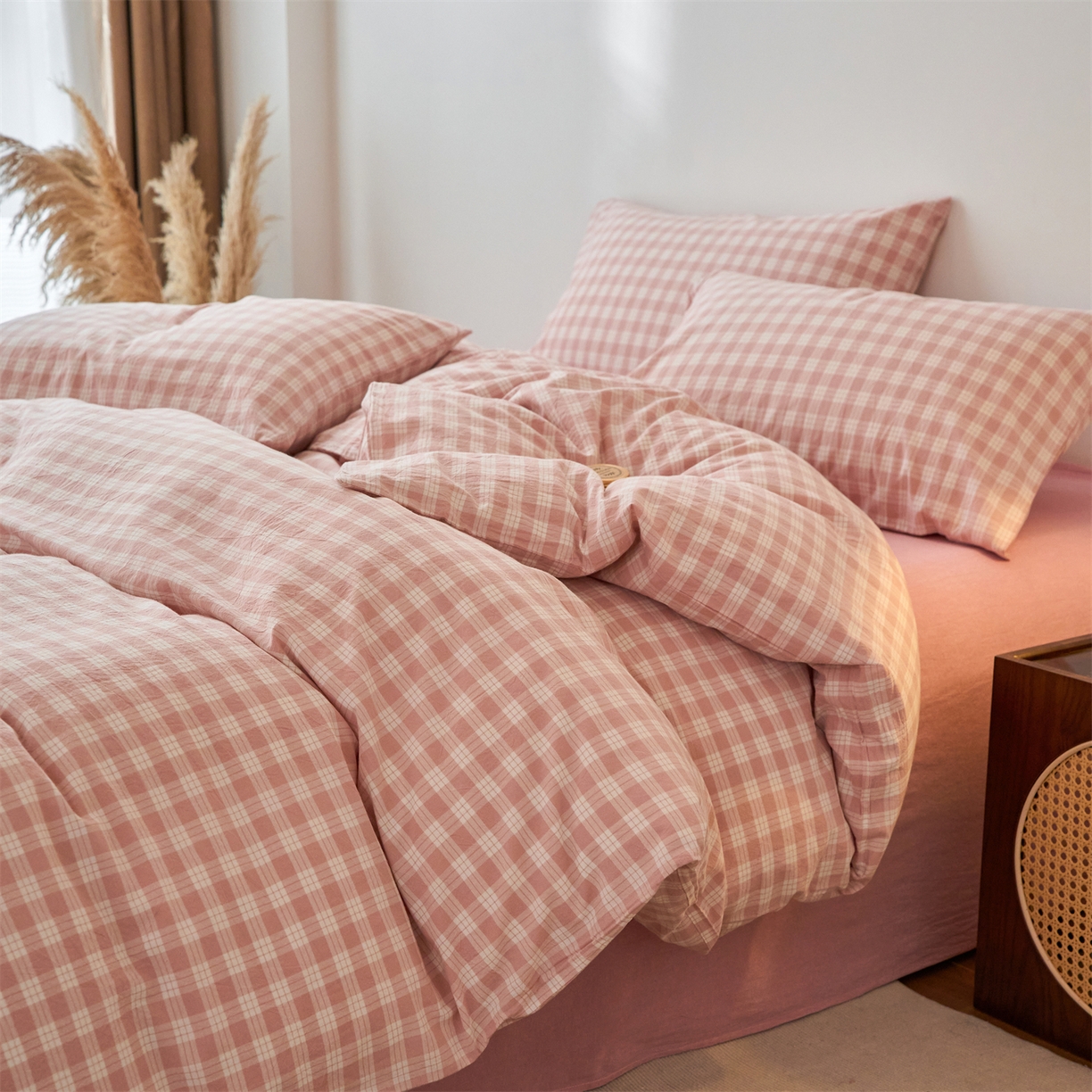 91家纺网 家纺一手货源 找家纺 兰紫橙家纺 2026新款全棉纯棉水洗棉四件套方格朵拉 方格-奶油粉