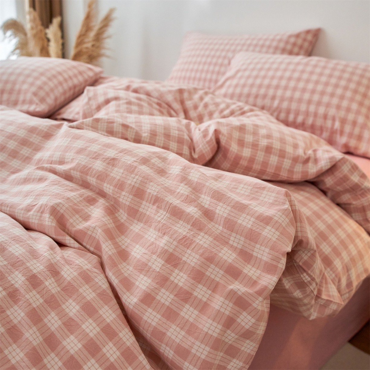 91家纺网 家纺一手货源 找家纺 兰紫橙家纺 2026新款全棉纯棉水洗棉四件套方格朵拉 方格-奶油粉