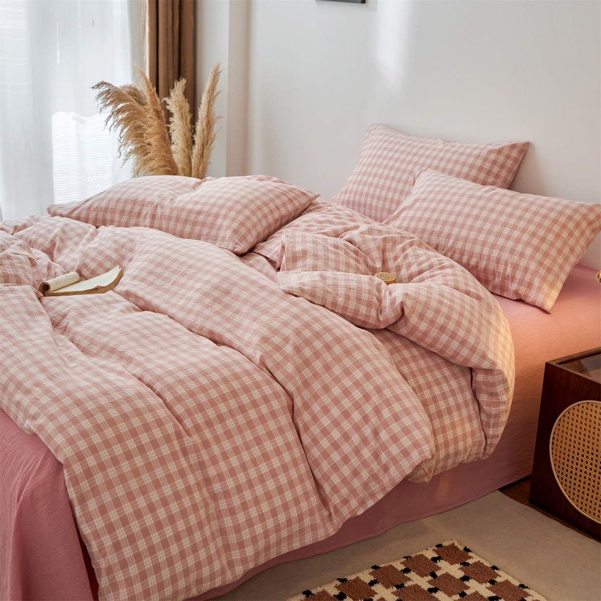 91家纺网 家纺一手货源 找家纺 兰紫橙家纺 2026新款全棉纯棉水洗棉四件套方格朵拉 方格-奶油粉