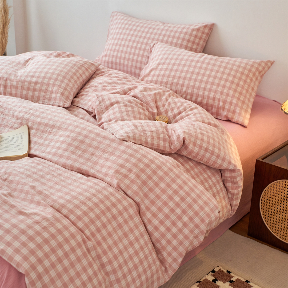 91家纺网 家纺一手货源 找家纺 兰紫橙家纺 2026新款全棉纯棉水洗棉四件套方格朵拉 方格-奶油粉