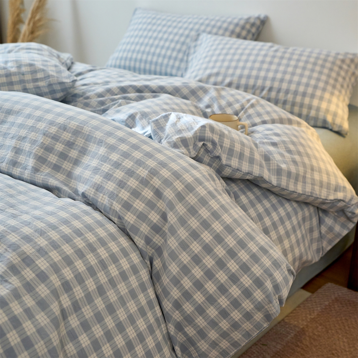 兰紫橙家纺 2026新款全棉纯棉水洗棉四件套方格朵拉 方格-奶油兰