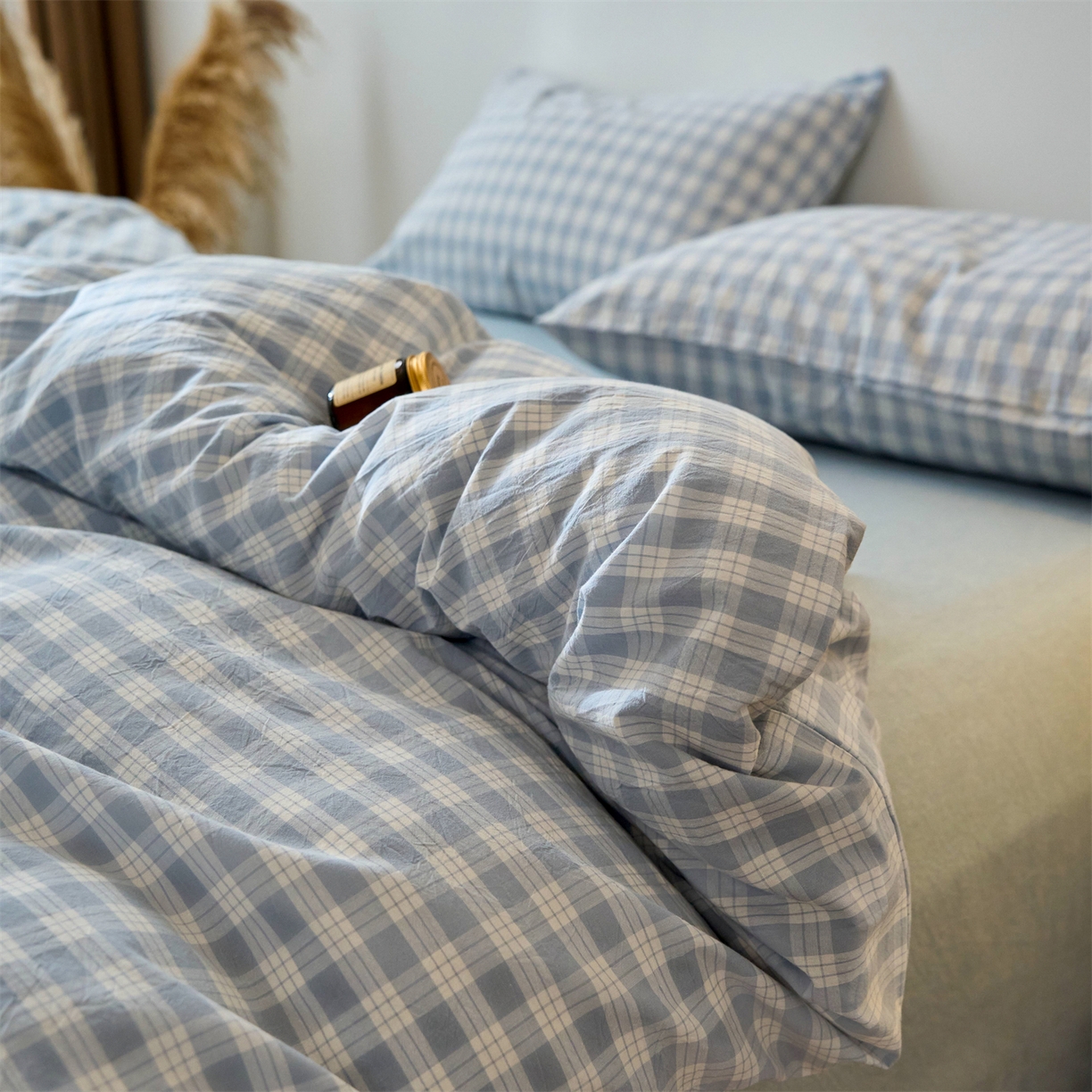 91家纺网 家纺一手货源 找家纺 兰紫橙家纺 2026新款全棉纯棉水洗棉四件套方格朵拉 方格-奶油兰