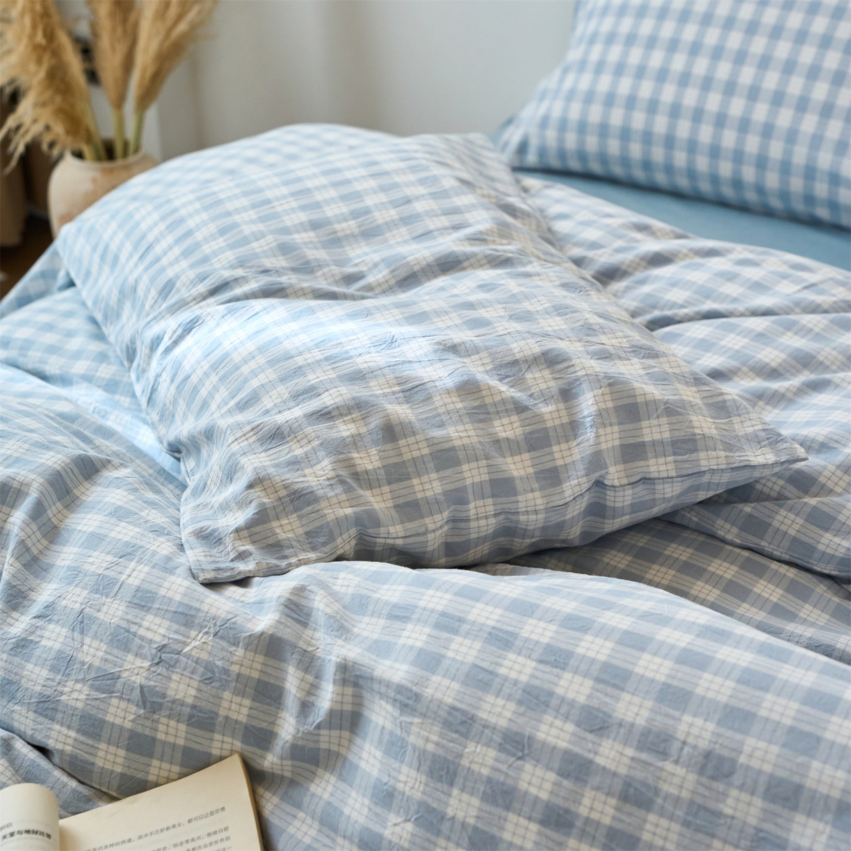 91家纺网 家纺一手货源 找家纺 兰紫橙家纺 2026新款全棉纯棉水洗棉四件套方格朵拉 方格-奶油兰