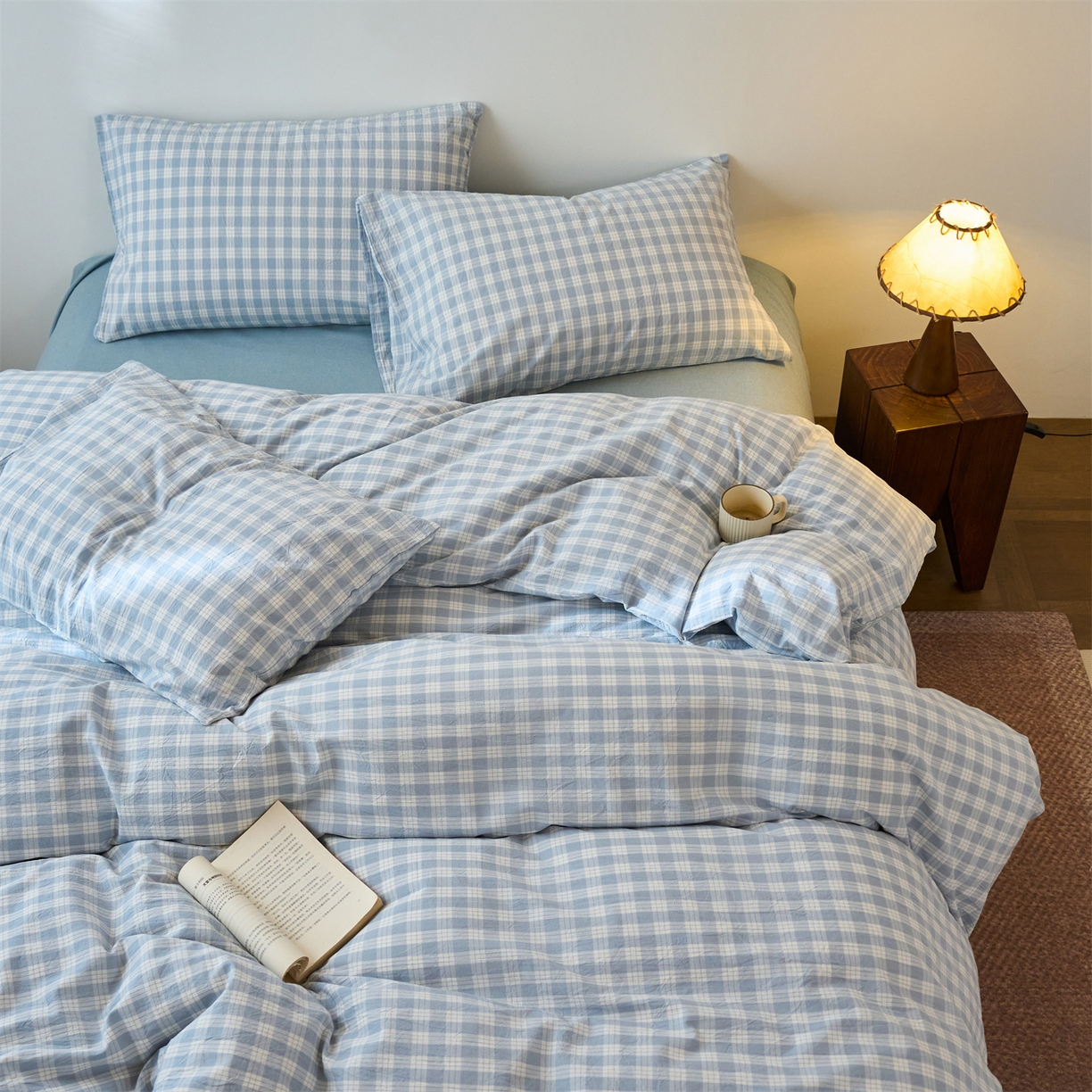 91家纺网 家纺一手货源 找家纺 兰紫橙家纺 2026新款全棉纯棉水洗棉四件套方格朵拉 方格-奶油兰