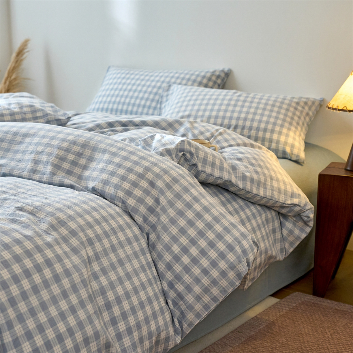 91家纺网 家纺一手货源 找家纺 兰紫橙家纺 2026新款全棉纯棉水洗棉四件套方格朵拉 方格-奶油兰