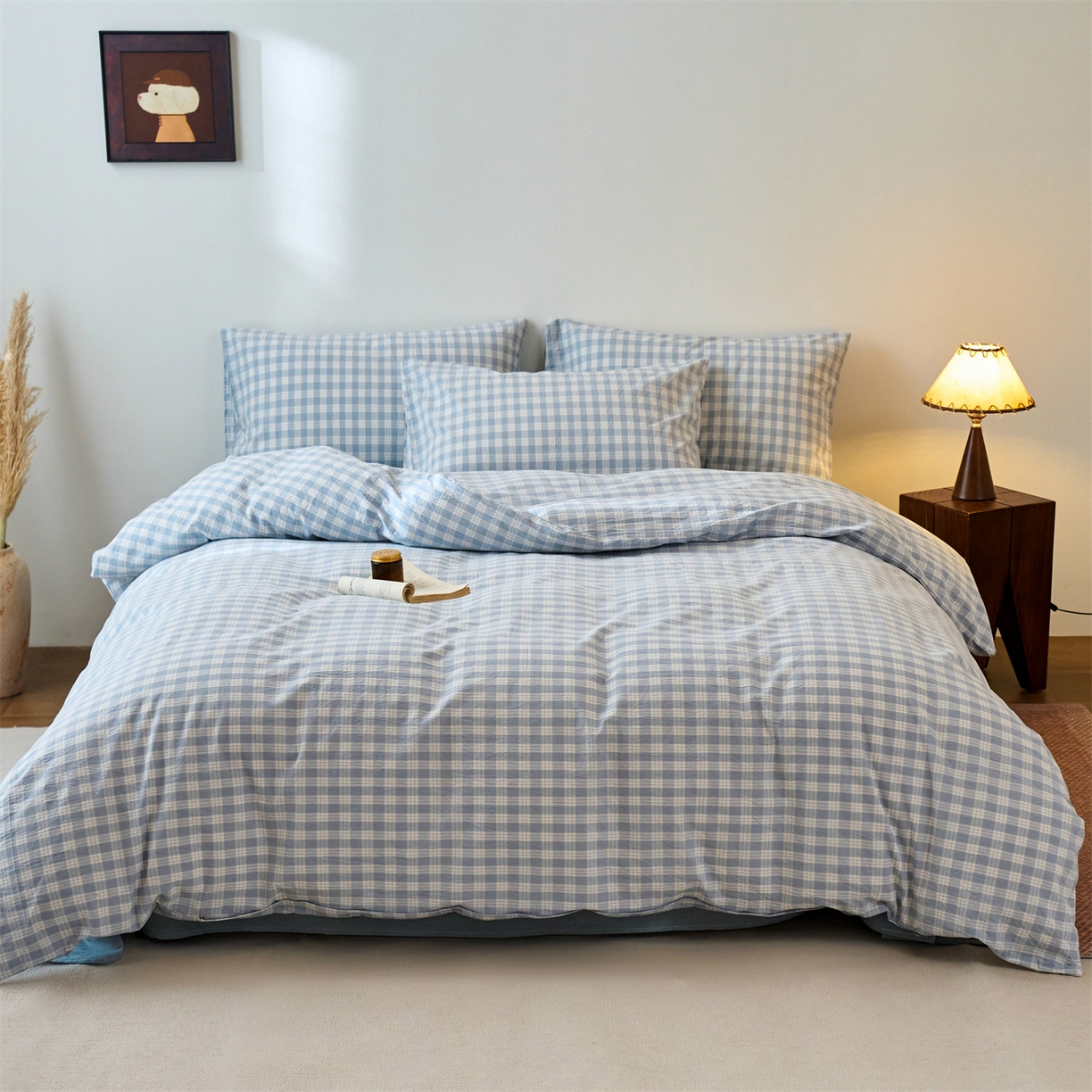 91家纺网 家纺一手货源 找家纺 兰紫橙家纺 2026新款全棉纯棉水洗棉四件套方格朵拉 方格-奶油兰