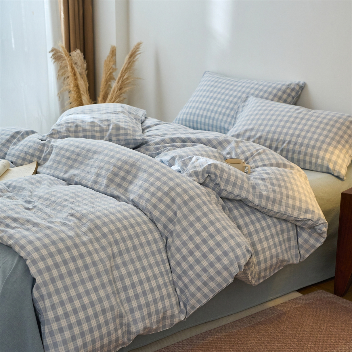 91家纺网 家纺一手货源 找家纺 兰紫橙家纺 2026新款全棉纯棉水洗棉四件套方格朵拉 方格-奶油兰