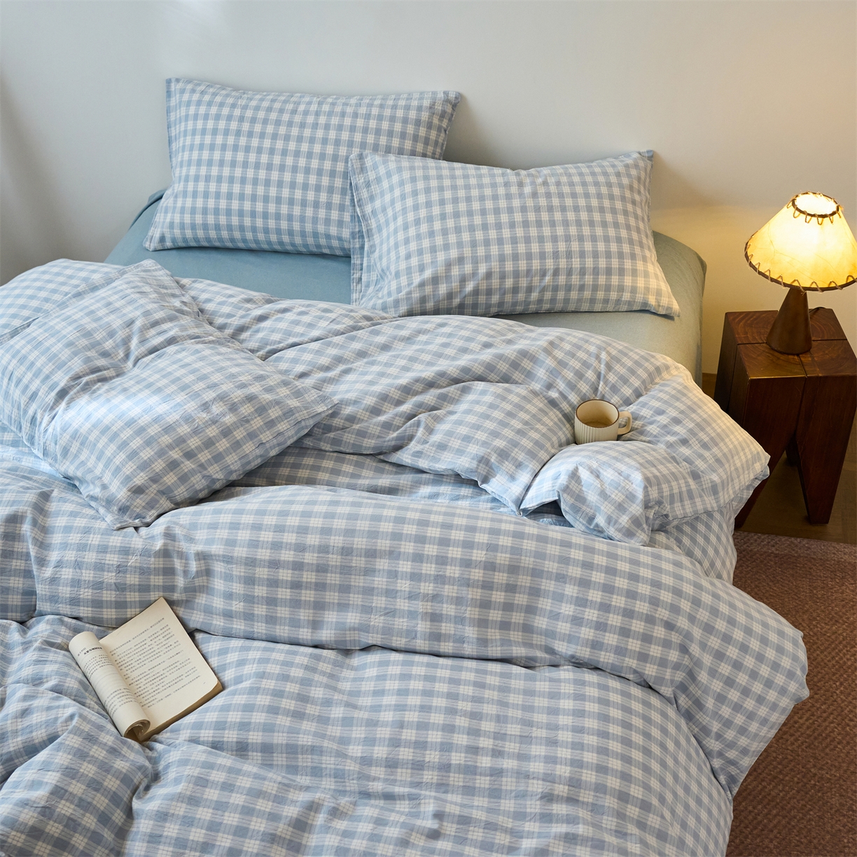 91家纺网 家纺一手货源 找家纺 兰紫橙家纺 2026新款全棉纯棉水洗棉四件套方格朵拉 方格-奶油兰