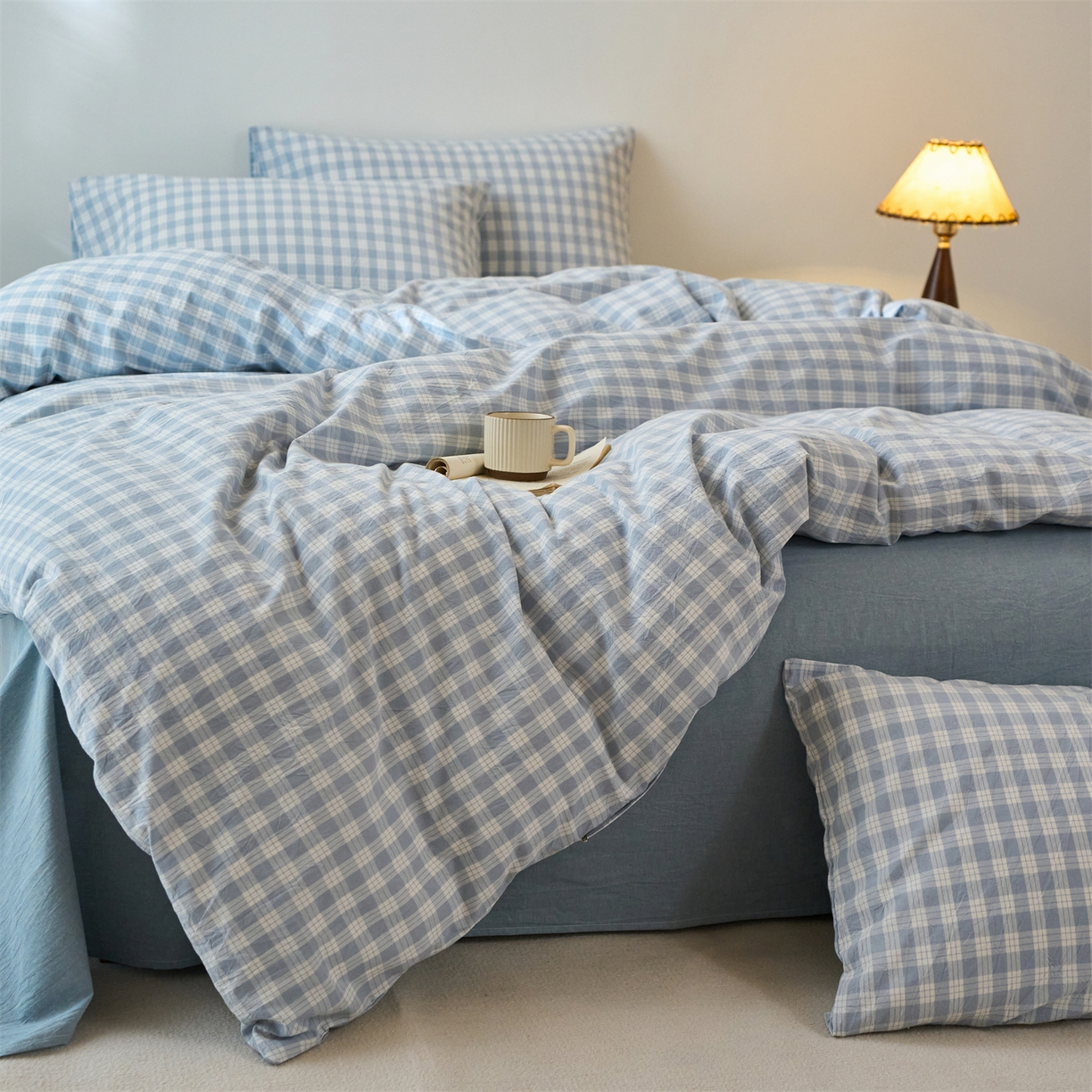 91家纺网 家纺一手货源 找家纺 兰紫橙家纺 2026新款全棉纯棉水洗棉四件套方格朵拉 方格-奶油兰