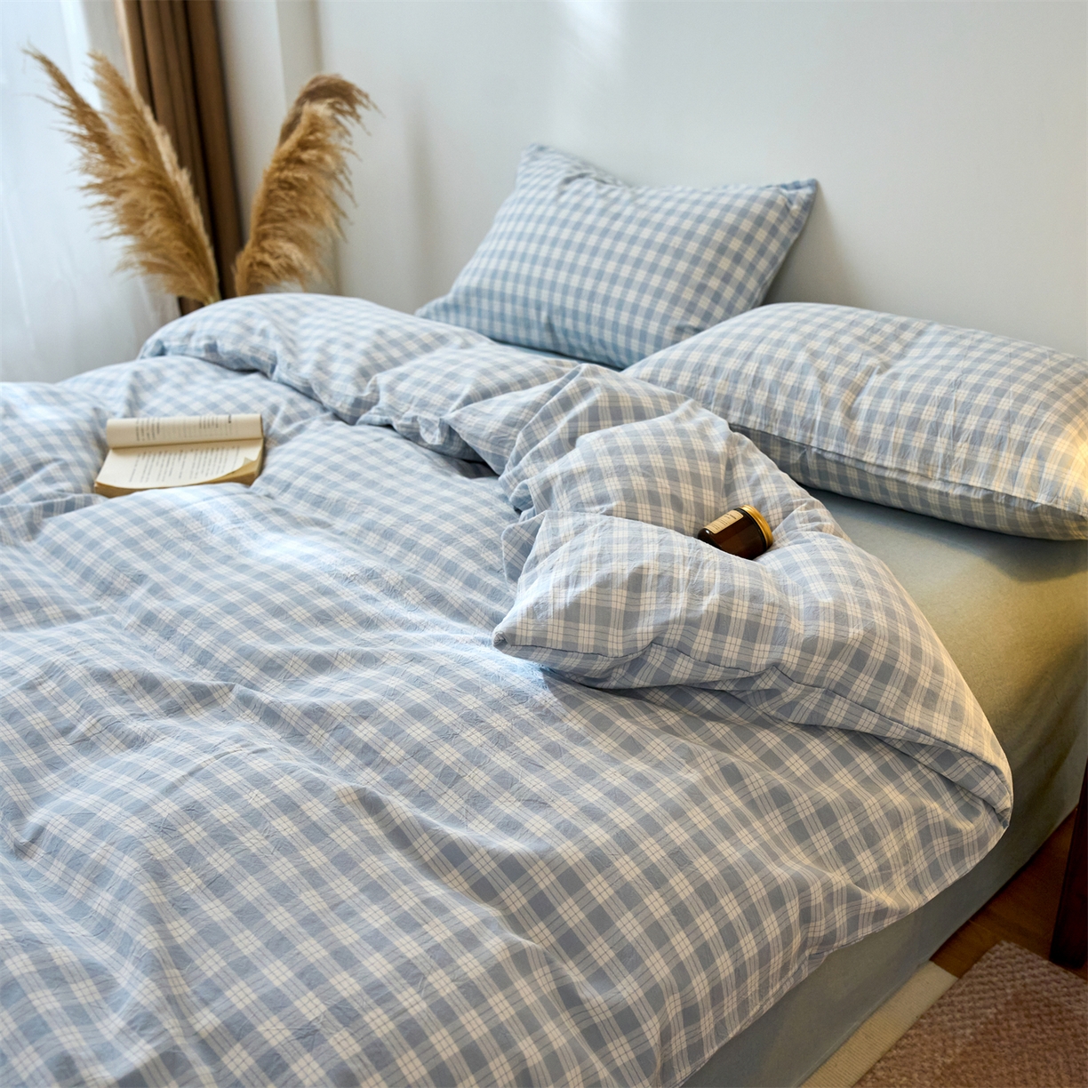 91家纺网 家纺一手货源 找家纺 兰紫橙家纺 2026新款全棉纯棉水洗棉四件套方格朵拉 方格-奶油兰