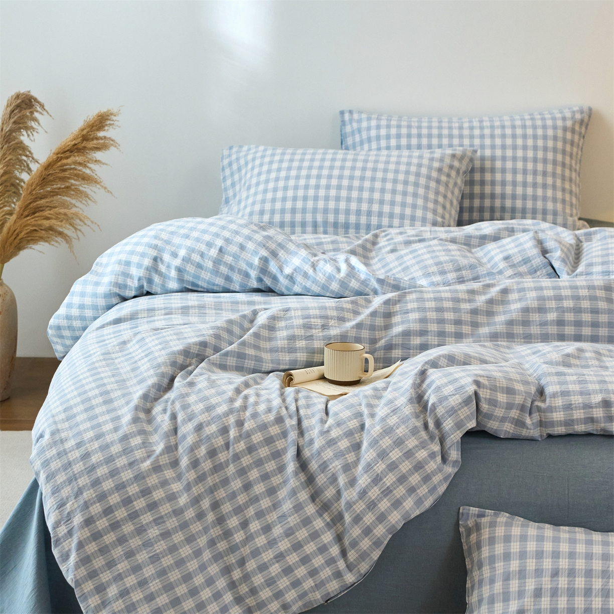 91家纺网 家纺一手货源 找家纺 兰紫橙家纺 2026新款全棉纯棉水洗棉四件套方格朵拉 方格-奶油兰