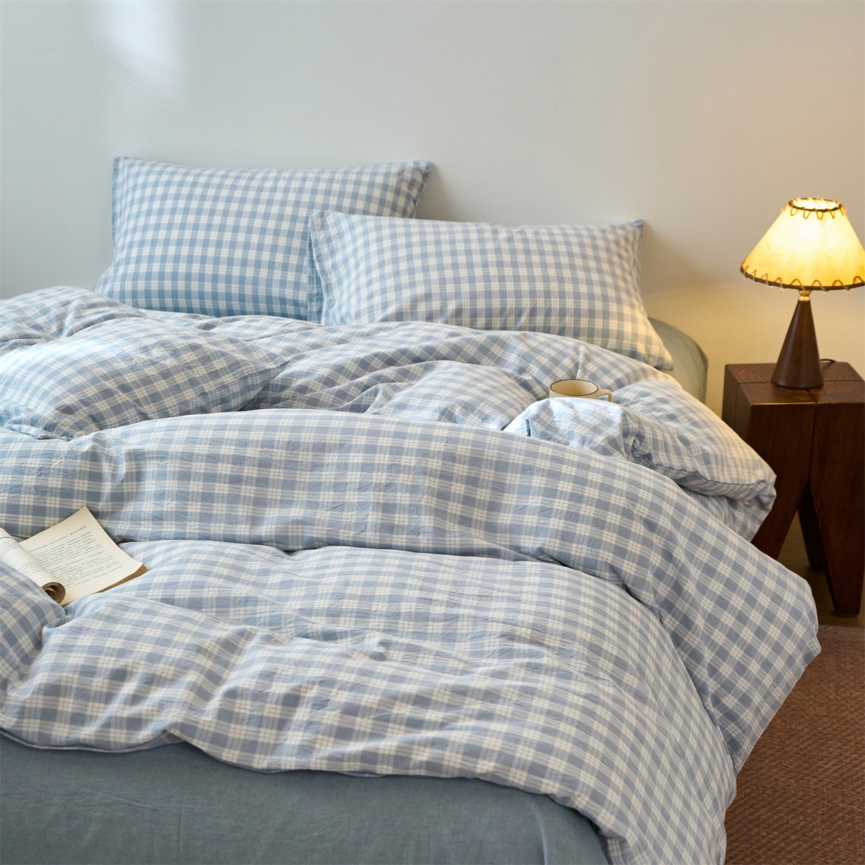 91家纺网 家纺一手货源 找家纺 兰紫橙家纺 2026新款全棉纯棉水洗棉四件套方格朵拉 方格-奶油兰