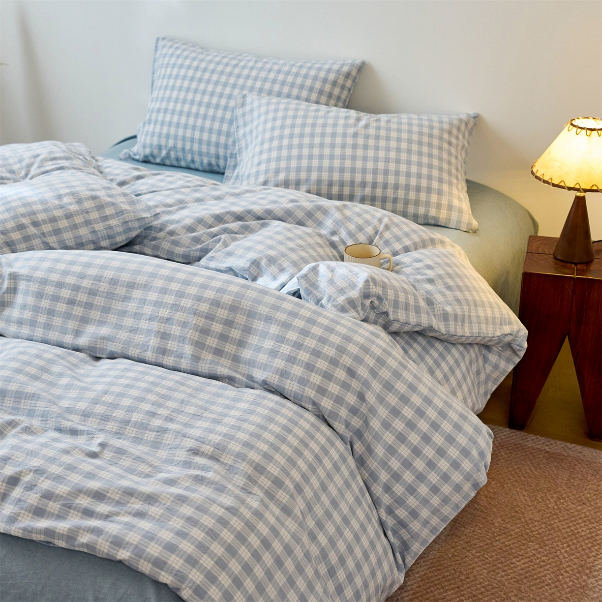 91家纺网 家纺一手货源 找家纺 兰紫橙家纺 2026新款全棉纯棉水洗棉四件套方格朵拉 方格-奶油兰