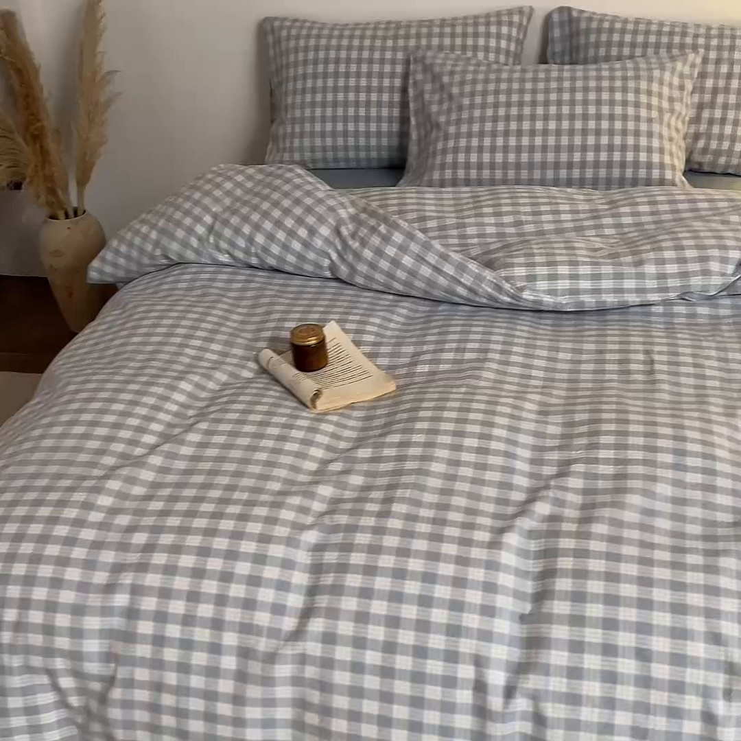 91家纺网 家纺一手货源 找家纺 兰紫橙家纺 2026新款全棉纯棉水洗棉四件套方格朵拉 方格-奶油兰