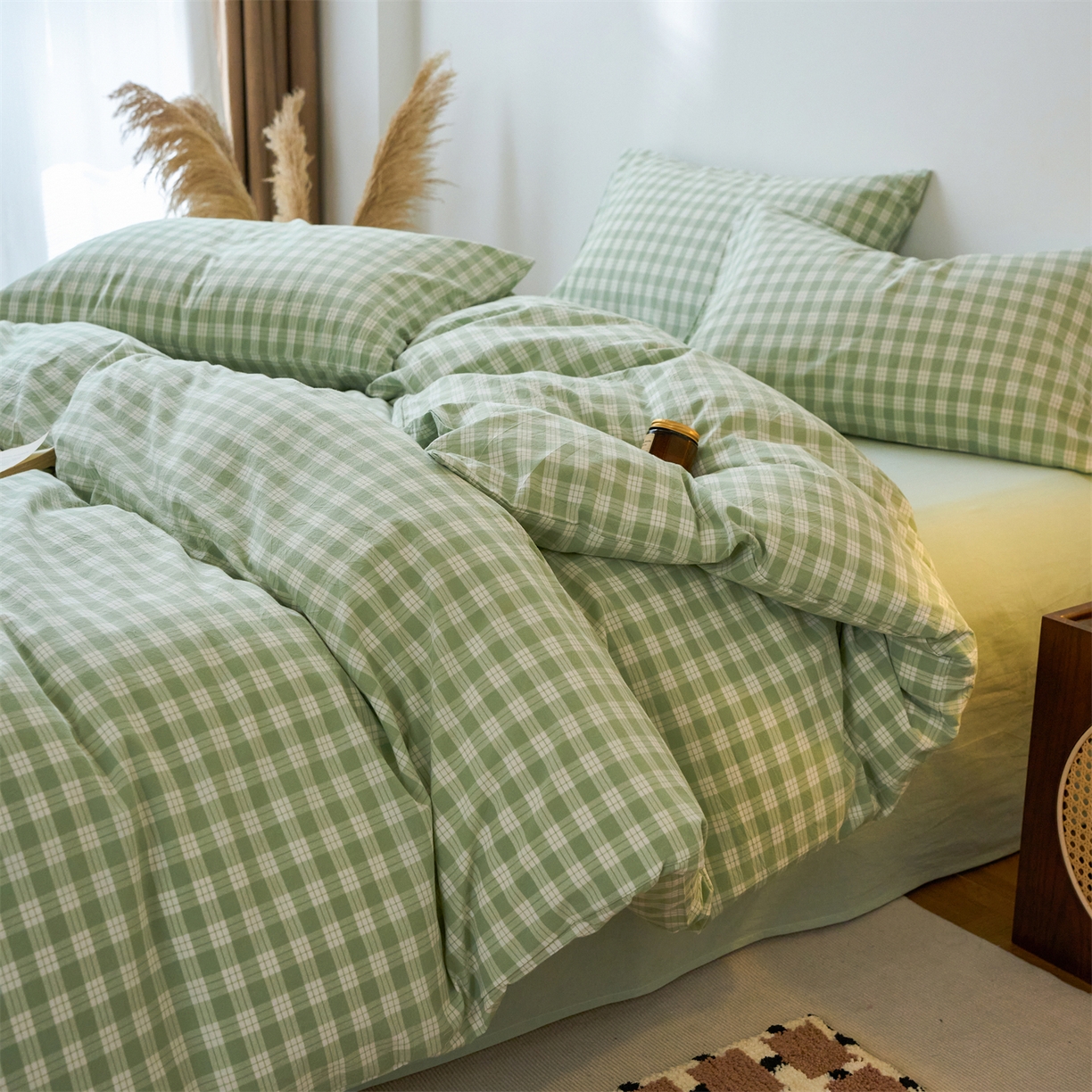 兰紫橙家纺 2026新款全棉纯棉水洗棉四件套方格朵拉 方格-奶油绿