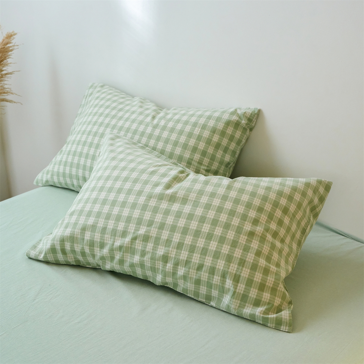 91家纺网 家纺一手货源 找家纺 兰紫橙家纺 2026新款全棉纯棉水洗棉四件套方格朵拉 方格-奶油绿