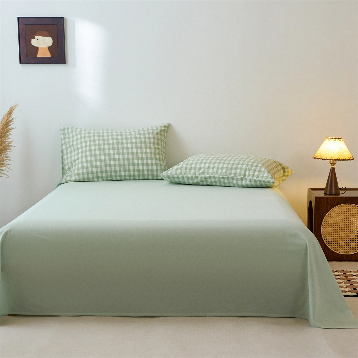 91家纺网 家纺一手货源 找家纺 兰紫橙家纺 2026新款全棉纯棉水洗棉四件套方格朵拉 方格-奶油绿