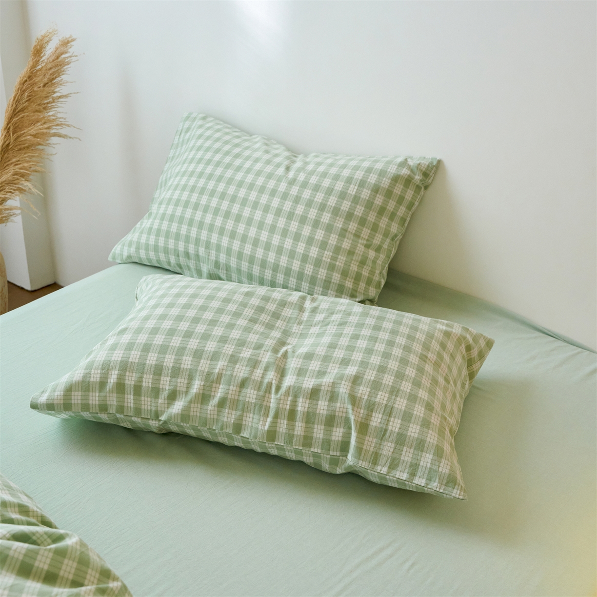 91家纺网 家纺一手货源 找家纺 兰紫橙家纺 2026新款全棉纯棉水洗棉四件套方格朵拉 方格-奶油绿