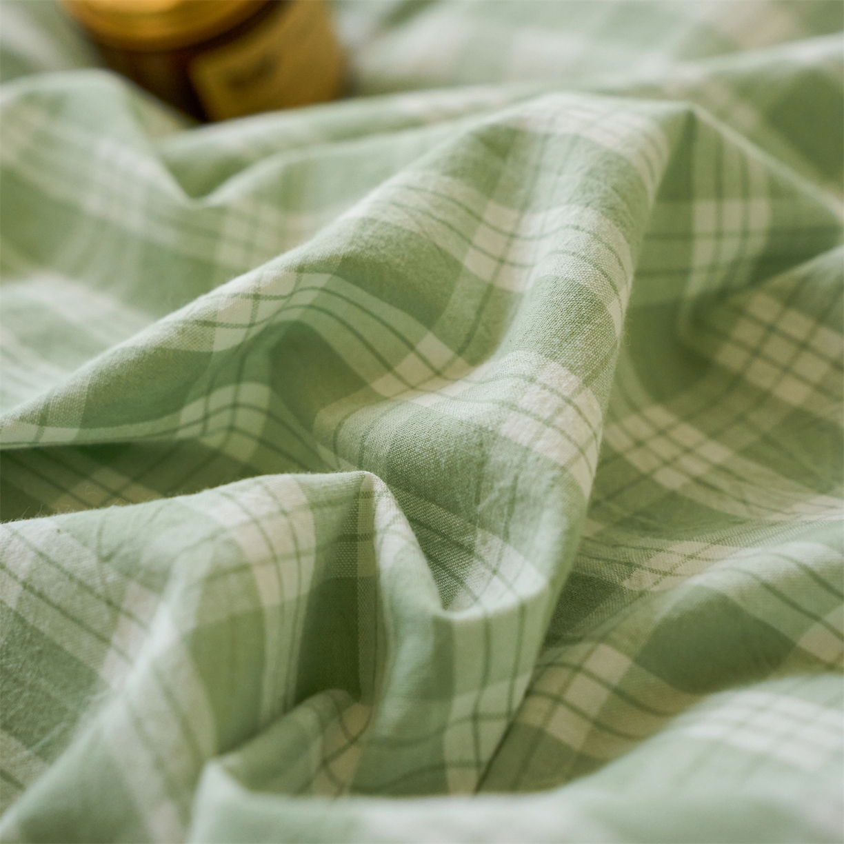 91家纺网 家纺一手货源 找家纺 兰紫橙家纺 2026新款全棉纯棉水洗棉四件套方格朵拉 方格-奶油绿