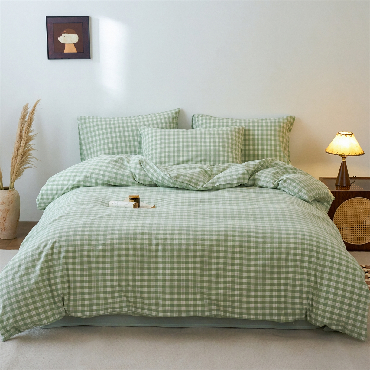 91家纺网 家纺一手货源 找家纺 兰紫橙家纺 2026新款全棉纯棉水洗棉四件套方格朵拉 方格-奶油绿