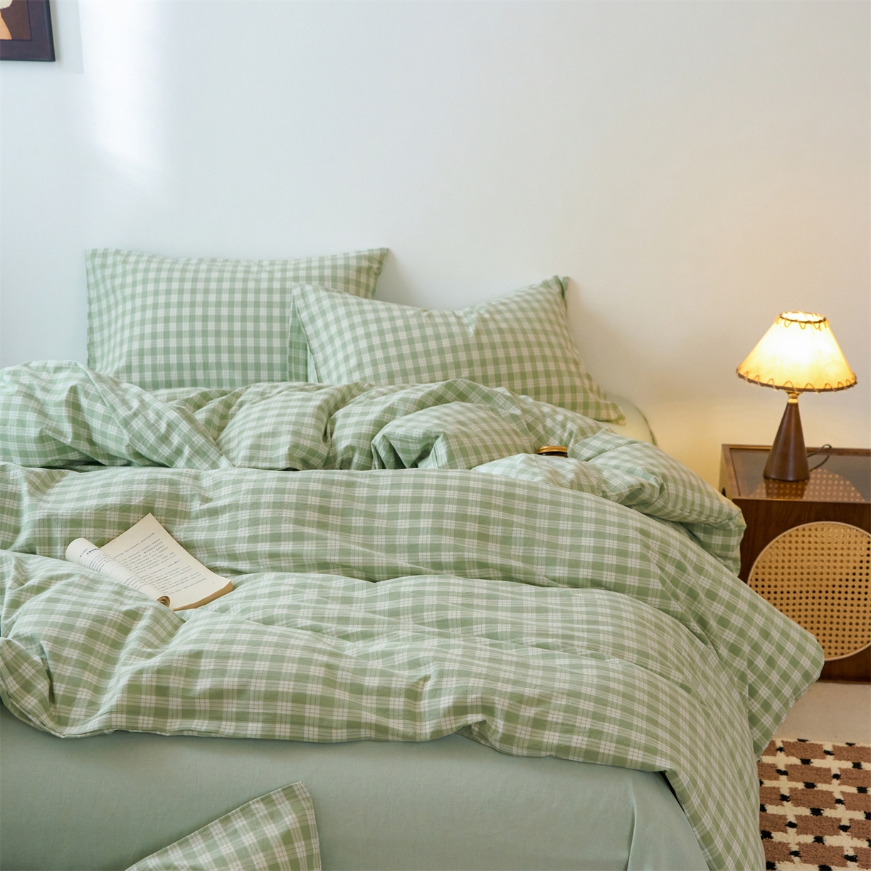 91家纺网 家纺一手货源 找家纺 兰紫橙家纺 2026新款全棉纯棉水洗棉四件套方格朵拉 方格-奶油绿
