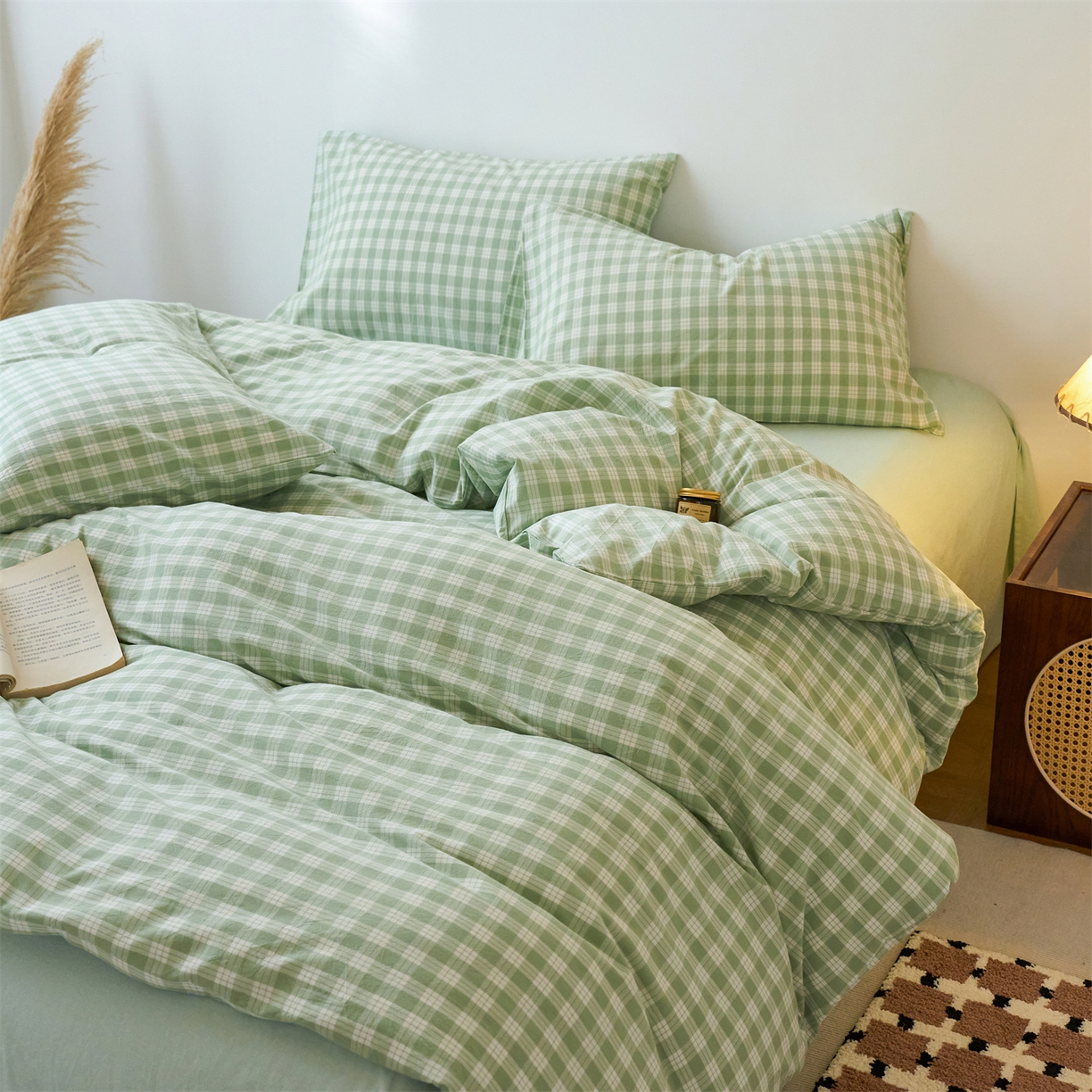 91家纺网 家纺一手货源 找家纺 兰紫橙家纺 2026新款全棉纯棉水洗棉四件套方格朵拉 方格-奶油绿