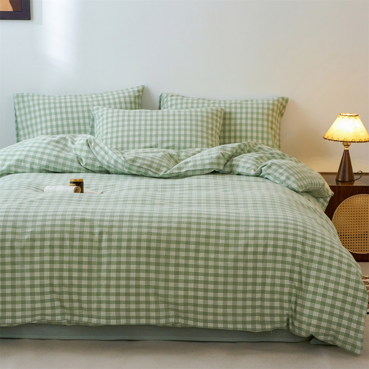 91家纺网 家纺一手货源 找家纺 兰紫橙家纺 2026新款全棉纯棉水洗棉四件套方格朵拉 方格-奶油绿