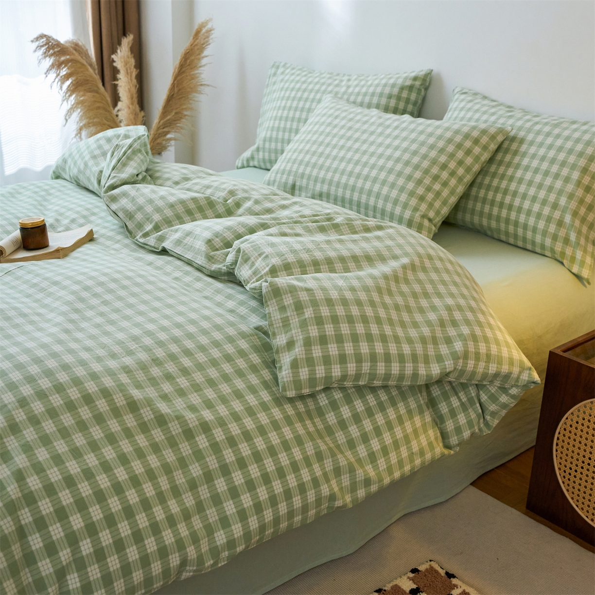 91家纺网 家纺一手货源 找家纺 兰紫橙家纺 2026新款全棉纯棉水洗棉四件套方格朵拉 方格-奶油绿