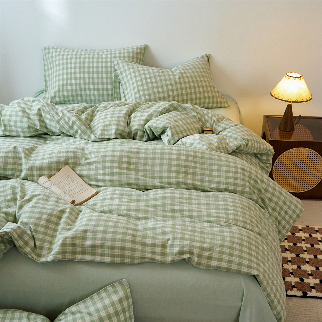 91家纺网 家纺一手货源 找家纺 兰紫橙家纺 2026新款全棉纯棉水洗棉四件套方格朵拉 方格-奶油绿