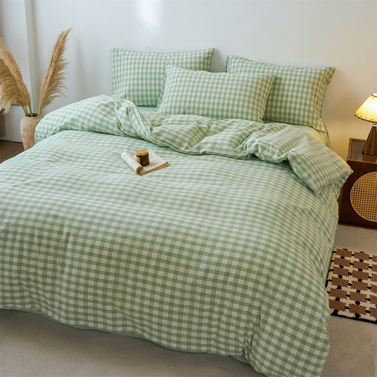 91家纺网 家纺一手货源 找家纺 兰紫橙家纺 2026新款全棉纯棉水洗棉四件套方格朵拉 方格-奶油绿