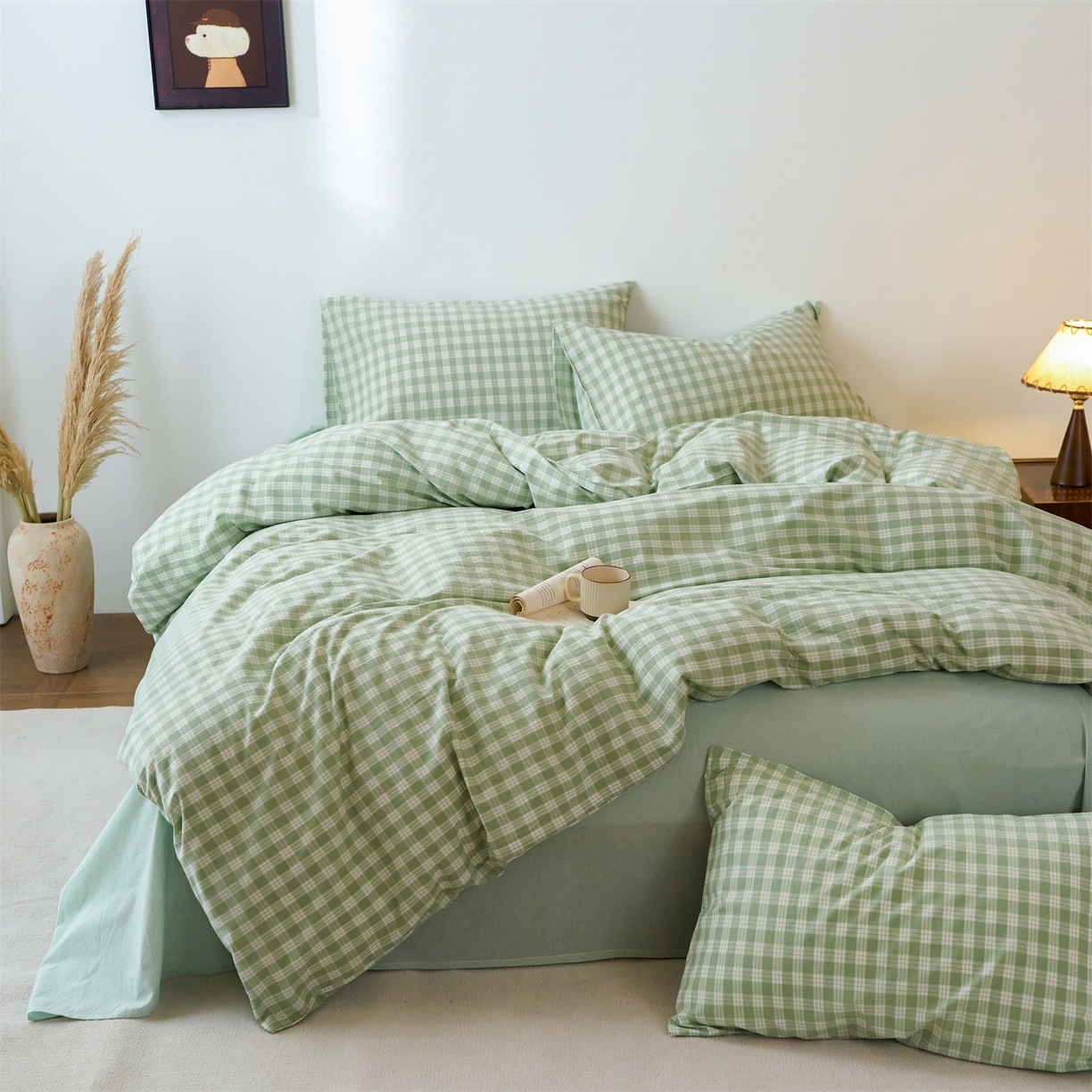 91家纺网 家纺一手货源 找家纺 兰紫橙家纺 2026新款全棉纯棉水洗棉四件套方格朵拉 方格-奶油绿