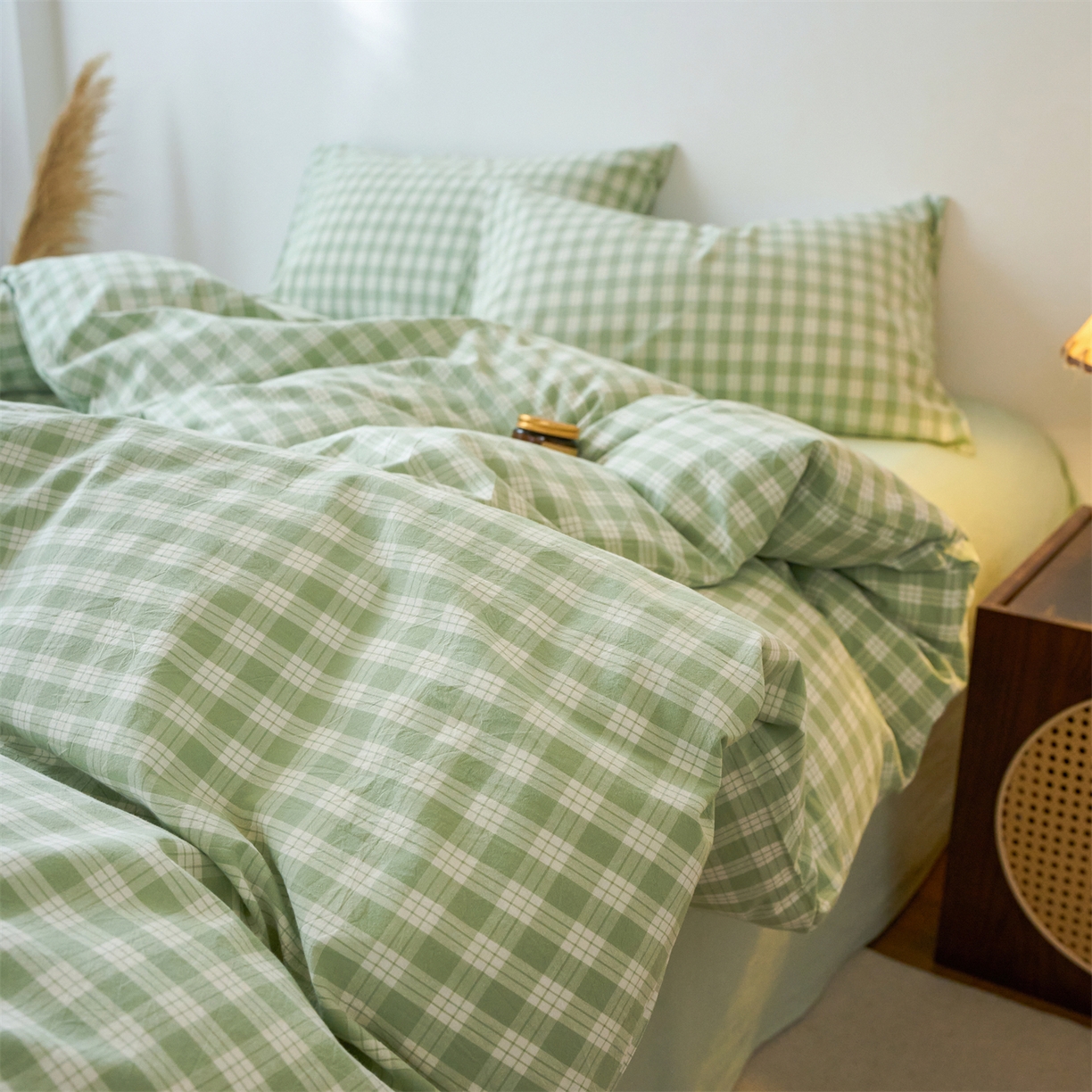 91家纺网 家纺一手货源 找家纺 兰紫橙家纺 2026新款全棉纯棉水洗棉四件套方格朵拉 方格-奶油绿