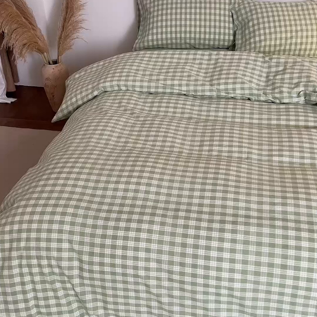 91家纺网 家纺一手货源 找家纺 兰紫橙家纺 2026新款全棉纯棉水洗棉四件套方格朵拉 方格-奶油绿