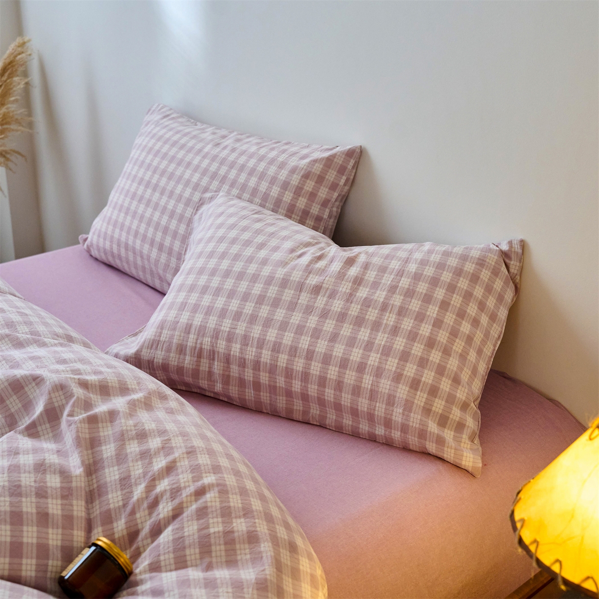 91家纺网 家纺一手货源 找家纺 兰紫橙家纺 2026新款全棉纯棉水洗棉四件套方格朵拉 方格-奶油紫