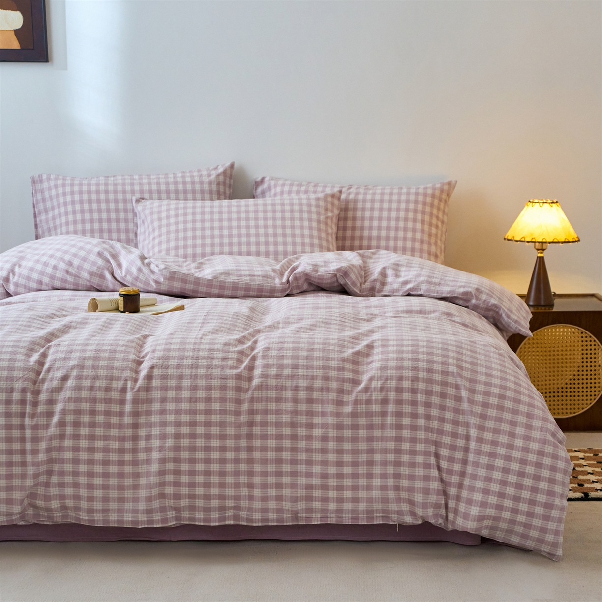 91家纺网 家纺一手货源 找家纺 兰紫橙家纺 2026新款全棉纯棉水洗棉四件套方格朵拉 方格-奶油紫