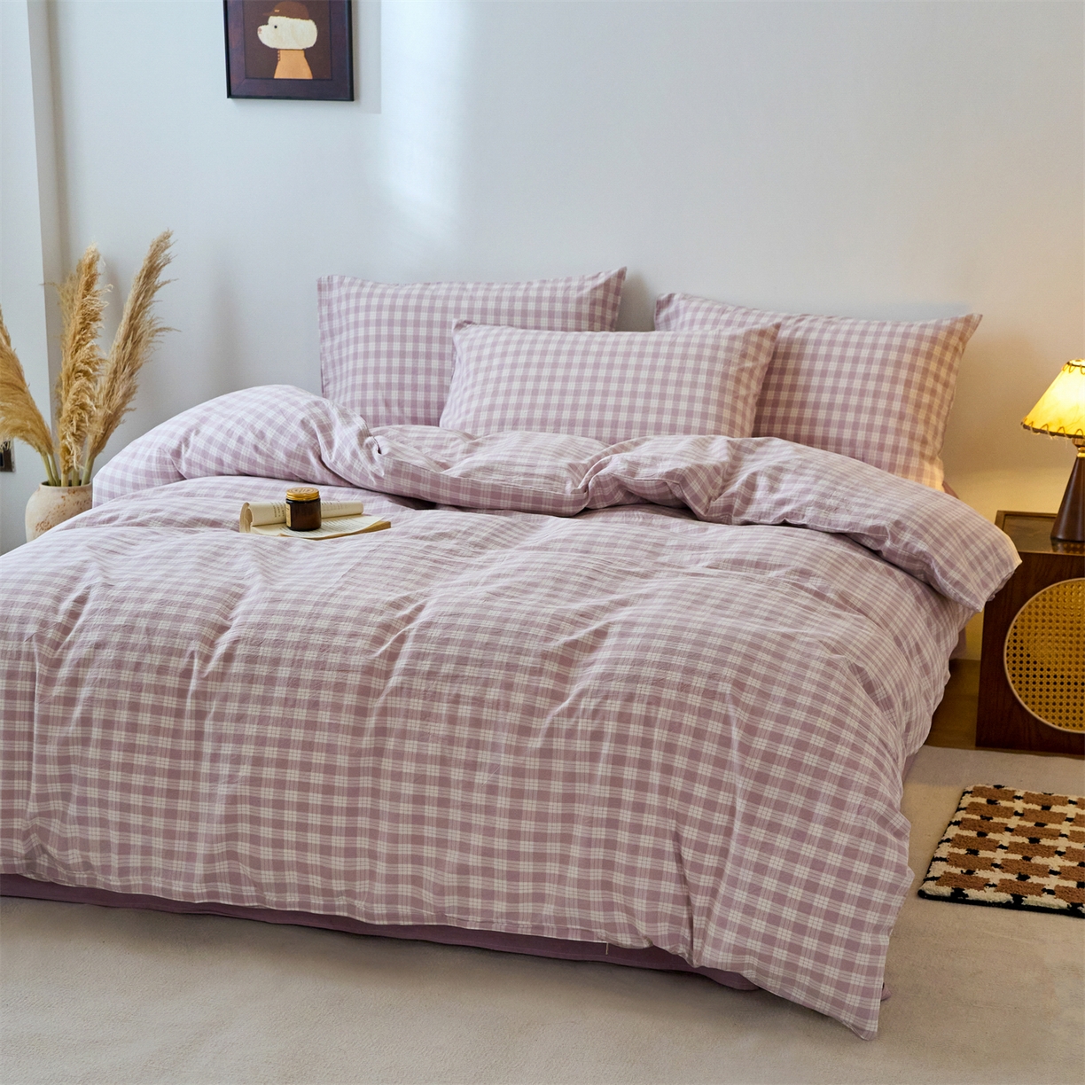 91家纺网 家纺一手货源 找家纺 兰紫橙家纺 2026新款全棉纯棉水洗棉四件套方格朵拉 方格-奶油紫