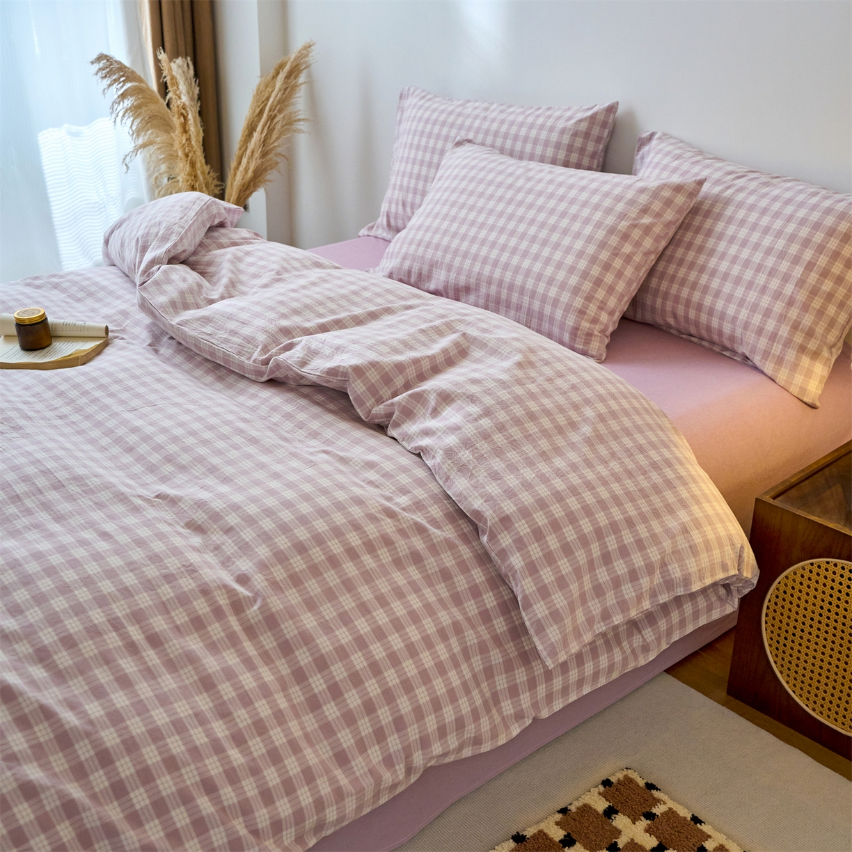 91家纺网 家纺一手货源 找家纺 兰紫橙家纺 2026新款全棉纯棉水洗棉四件套方格朵拉 方格-奶油紫