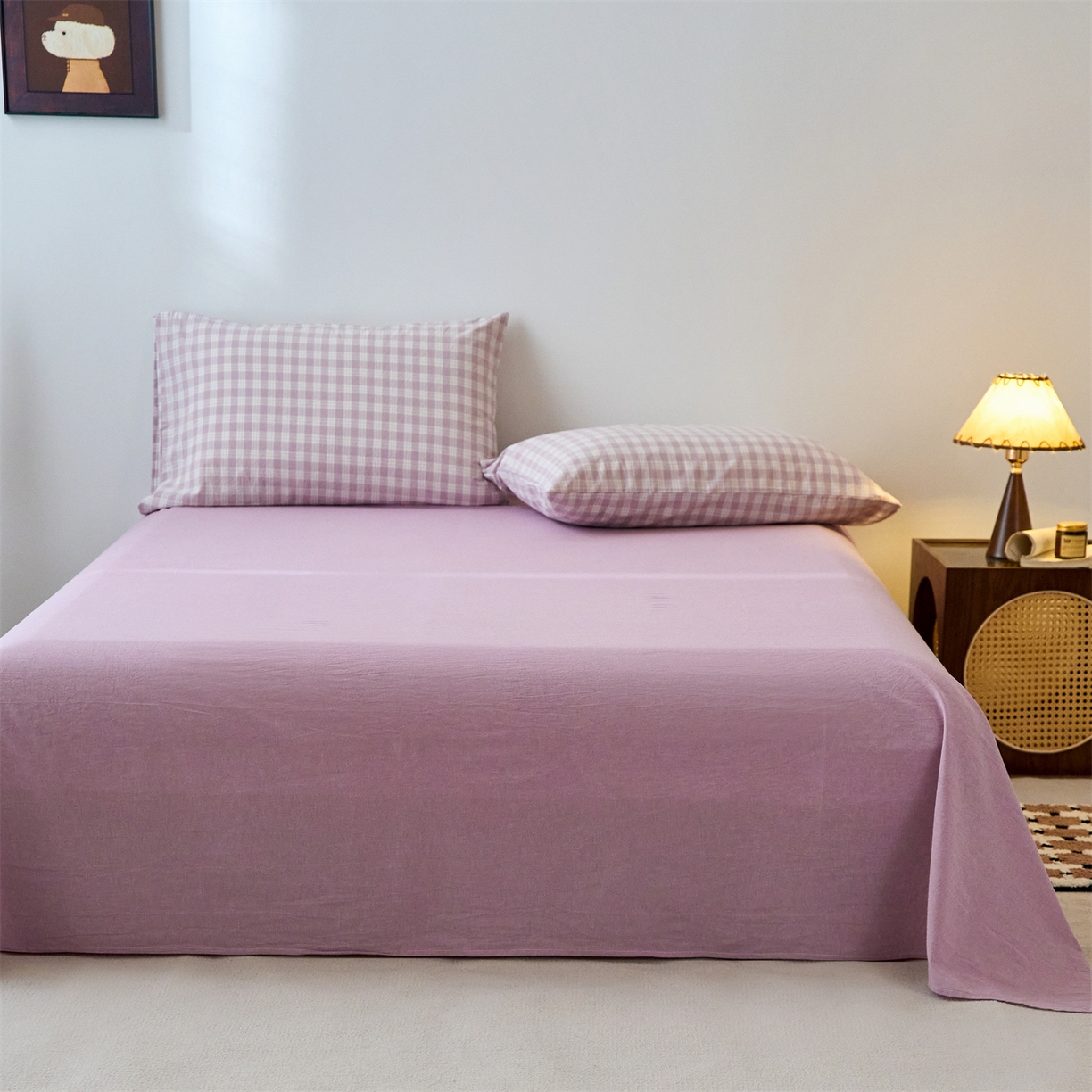 91家纺网 家纺一手货源 找家纺 兰紫橙家纺 2026新款全棉纯棉水洗棉四件套方格朵拉 方格-奶油紫