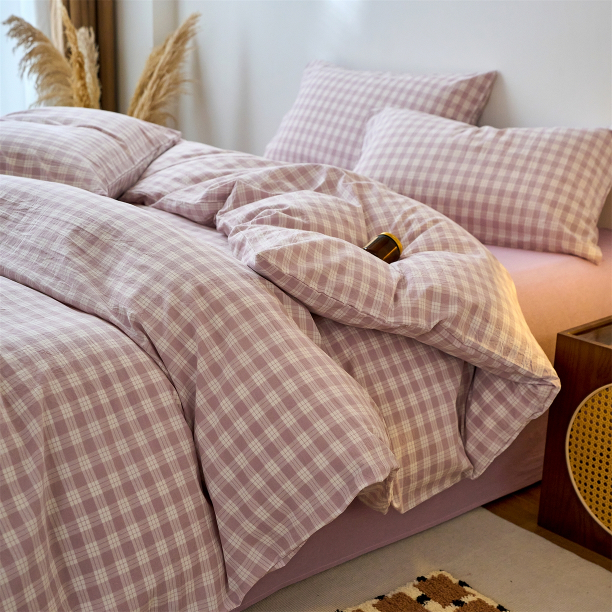 91家纺网 家纺一手货源 找家纺 兰紫橙家纺 2026新款全棉纯棉水洗棉四件套方格朵拉 方格-奶油紫